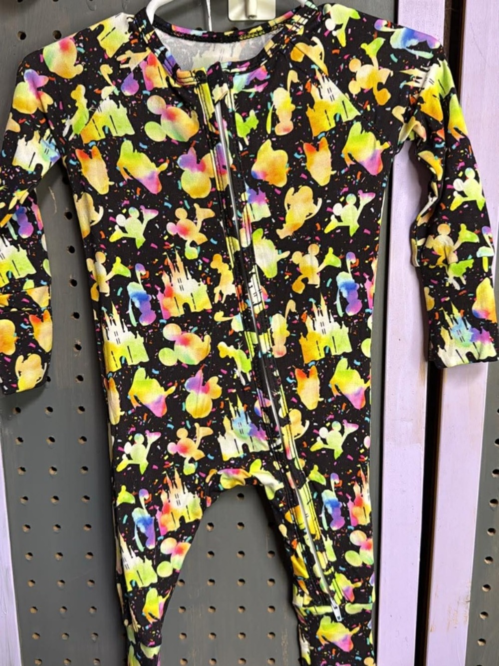 Black Kids Zip-Up One-Piece Bodysuit with Neon Castle & Character Print
